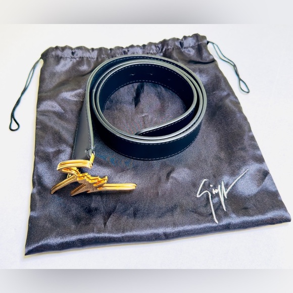 Giuseppe Zanotti Signature Logo Black Belt Brass Buckle Leather 100cm US Size 34 - Picture 2 of 15